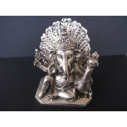 Statue du dieu Ganesh avec paon et souris, en bronze patiné argent, 620g