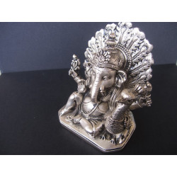 Statue du dieu Ganesh avec paon et souris, en bronze patiné argent hauteur 11,5 cm