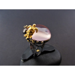 Bague en quartz rose avec symbole tortue de mer en rhodium noir et or jaune, taille 57