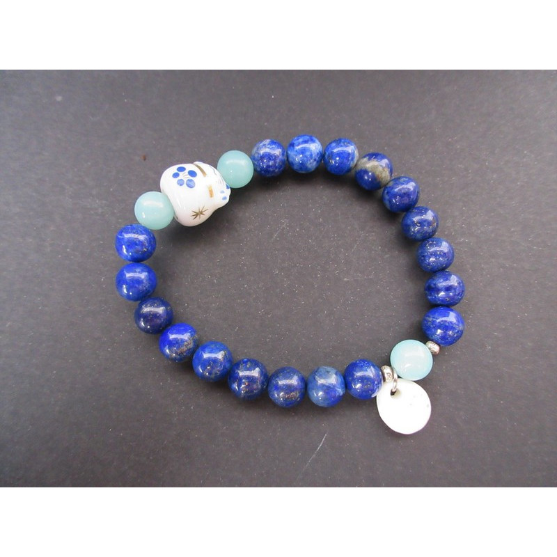 bracelet maneki neko en lapis lazuli et calcédoine